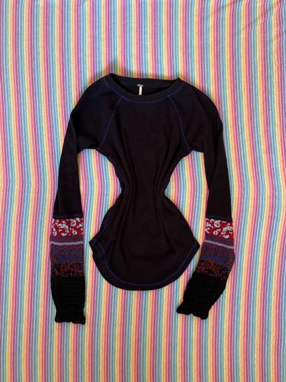 Free People In The Mix Cuff Long Sleeve Thermal Top Dark Blue Color Size Small